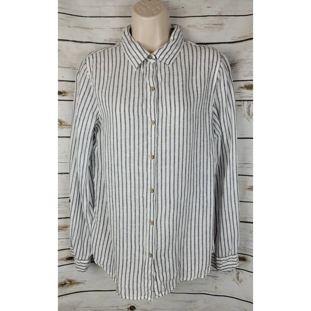 Tahari 100% Linen Button Front Tunic Top Medium Striped Womens